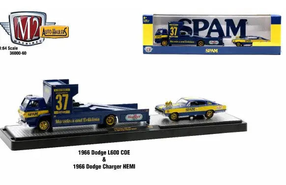 Die-cast model set of M2 Machines Auto Hauler featuring Dodge L600 COE and Charger Hemi