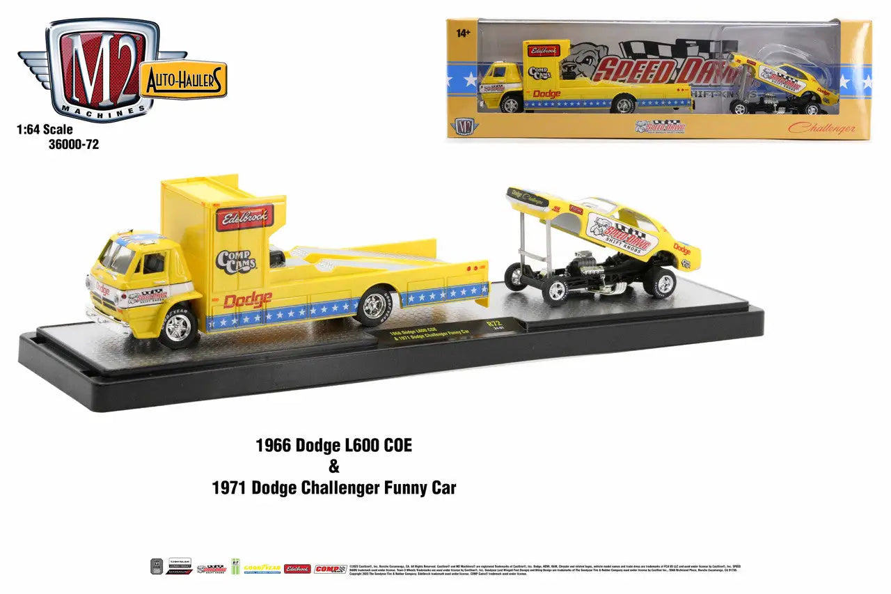 Yellow flatbed truck transporting a Dodge Challenger on a trailer, M2 Machines Auto Hauler