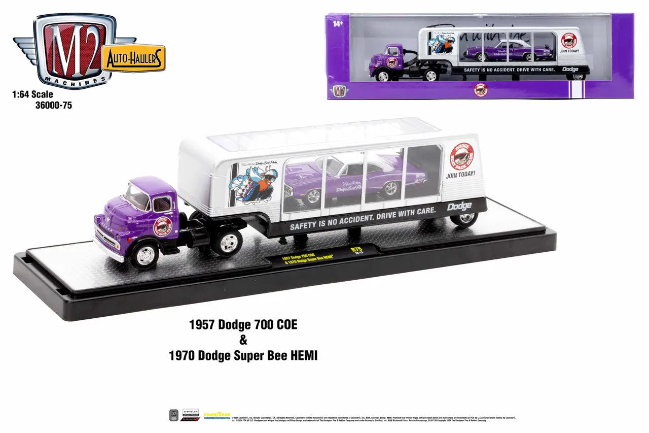 Purple and white 1957 Dodge 700 COE truck in M2 Machines Auto Hauler with Super Bee Hemi