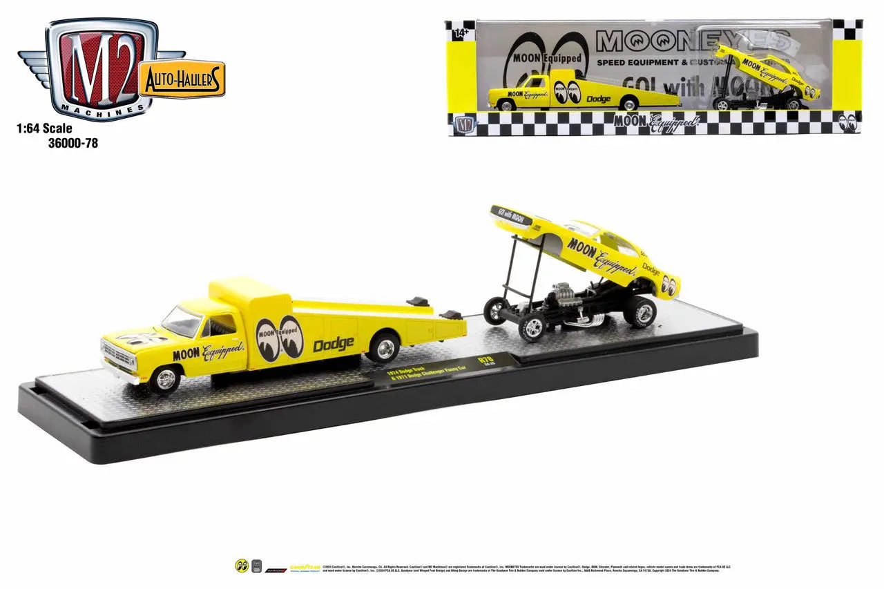 Yellow Mooneyes-branded 1957 Chevrolet and dragster in M2 Machines Auto Hauler display