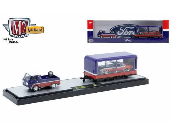 Diecast cars and trailer set featuring M2 Machines Auto Hauler with Ford Econoline Truck and Ford Mustang Custom