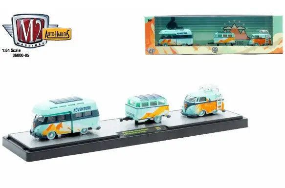 Volkswagen camper van set featuring M2 Machines Auto Hauler with double cab truck style