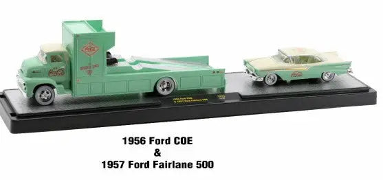 Miniature model of M2 Machines Auto Hauler TW25 with 1956 Ford COE and 1957 Fairlane 500
