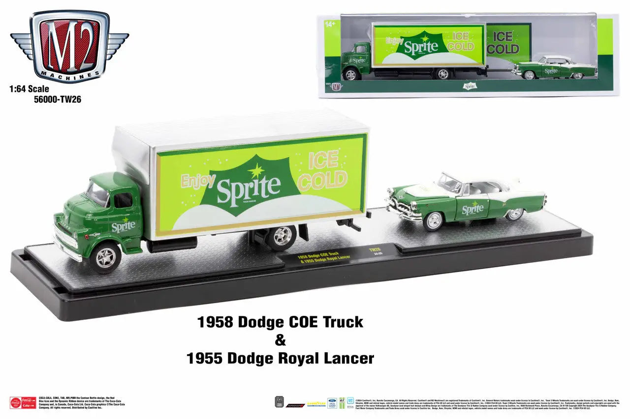 Green Sprite-branded 1958 Dodge COE Truck and 1959 Royal Lancer in M2 Machines Auto Hauler