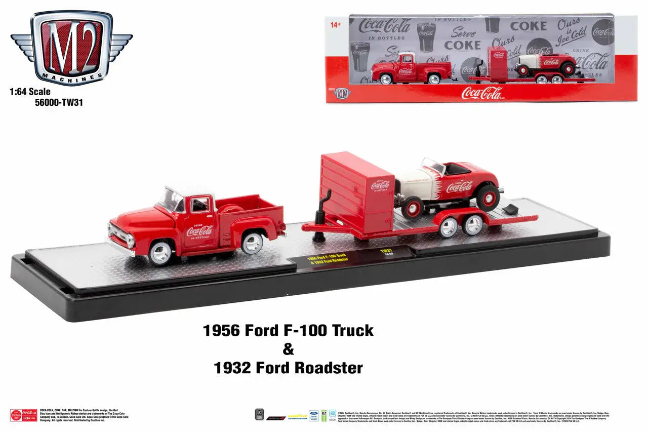 Red 1956 Ford F-100 with a 1932 Ford Roadster in Coca-Cola livery from M2 Machines Auto Hauler