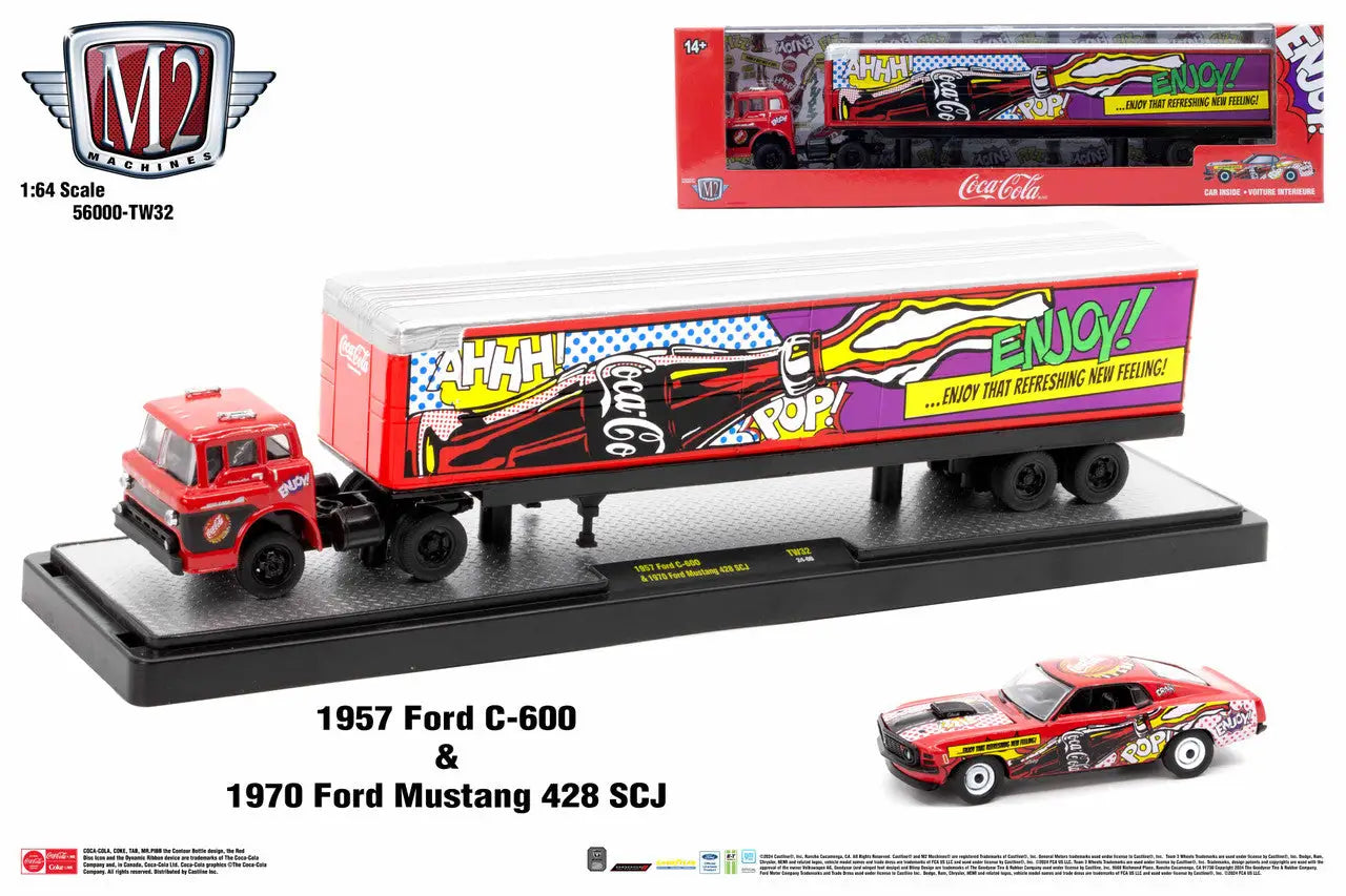 Red 1957 Ford C-600 truck with pop art trailer and matching Mustang from M2 Machines Auto Hauler