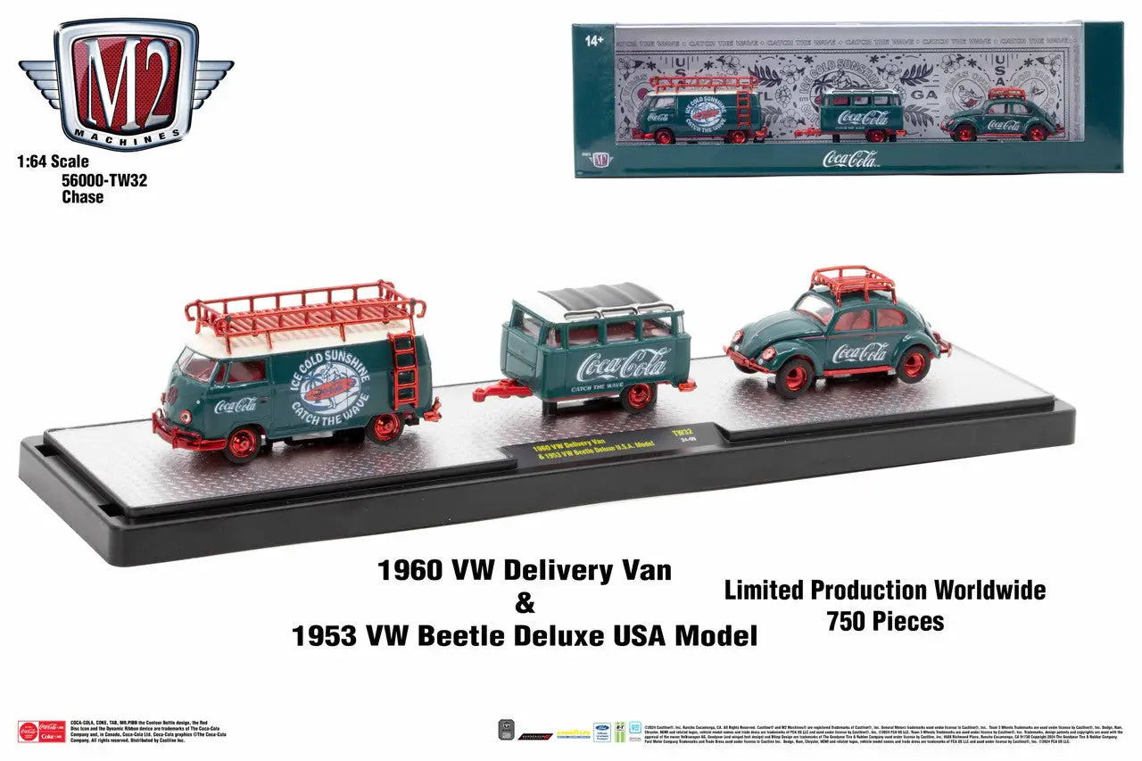 Coca-Cola themed M2 Machines Auto Hauler TW32 with VW Delivery Van and Beetle in teal and red