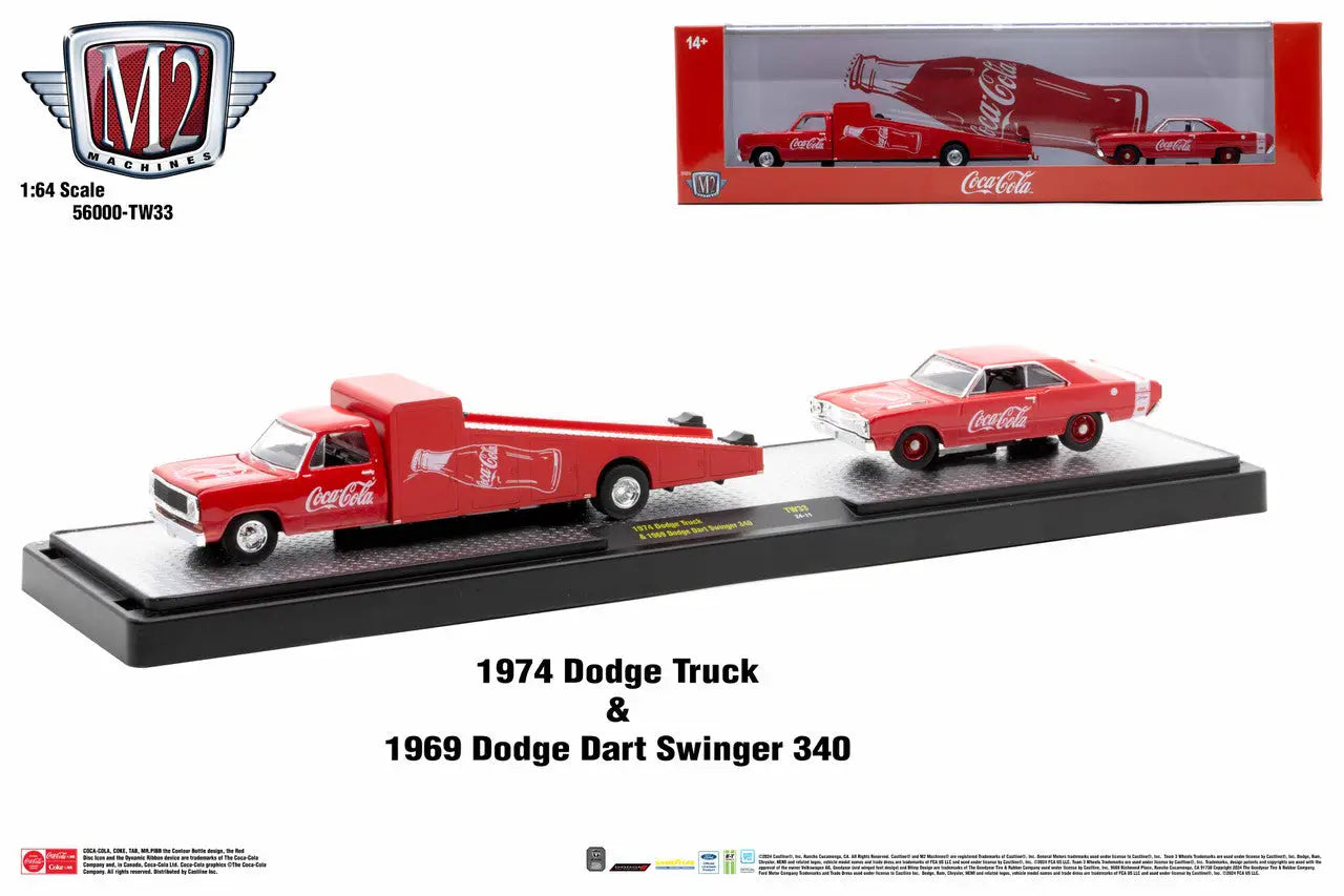 Red Coca-Cola themed M2 Machines Auto Hauler TW33 with Dodge Dart Swinger and truck set