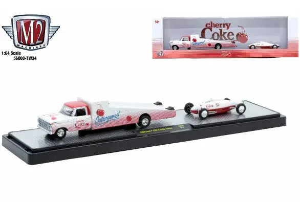 Pink and white M2 Machines auto hauler TW34 with 1969 Ford F-250 and race car trailer