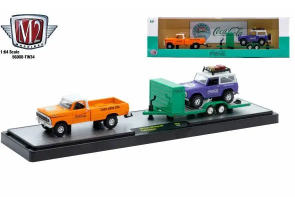 Coca-Cola branded toy truck and trailer featuring M2 Machines Auto Hauler TW35 Ford F100 Ranger