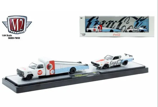 Coca-Cola themed toy truck and race car set with M2 Machines Auto Hauler TW38 Dodge Charger Custom