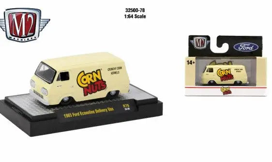 Yellow vintage Ford Econoline Delivery Van model with Corn Nuts branding by M2 Machines Auto Thentics