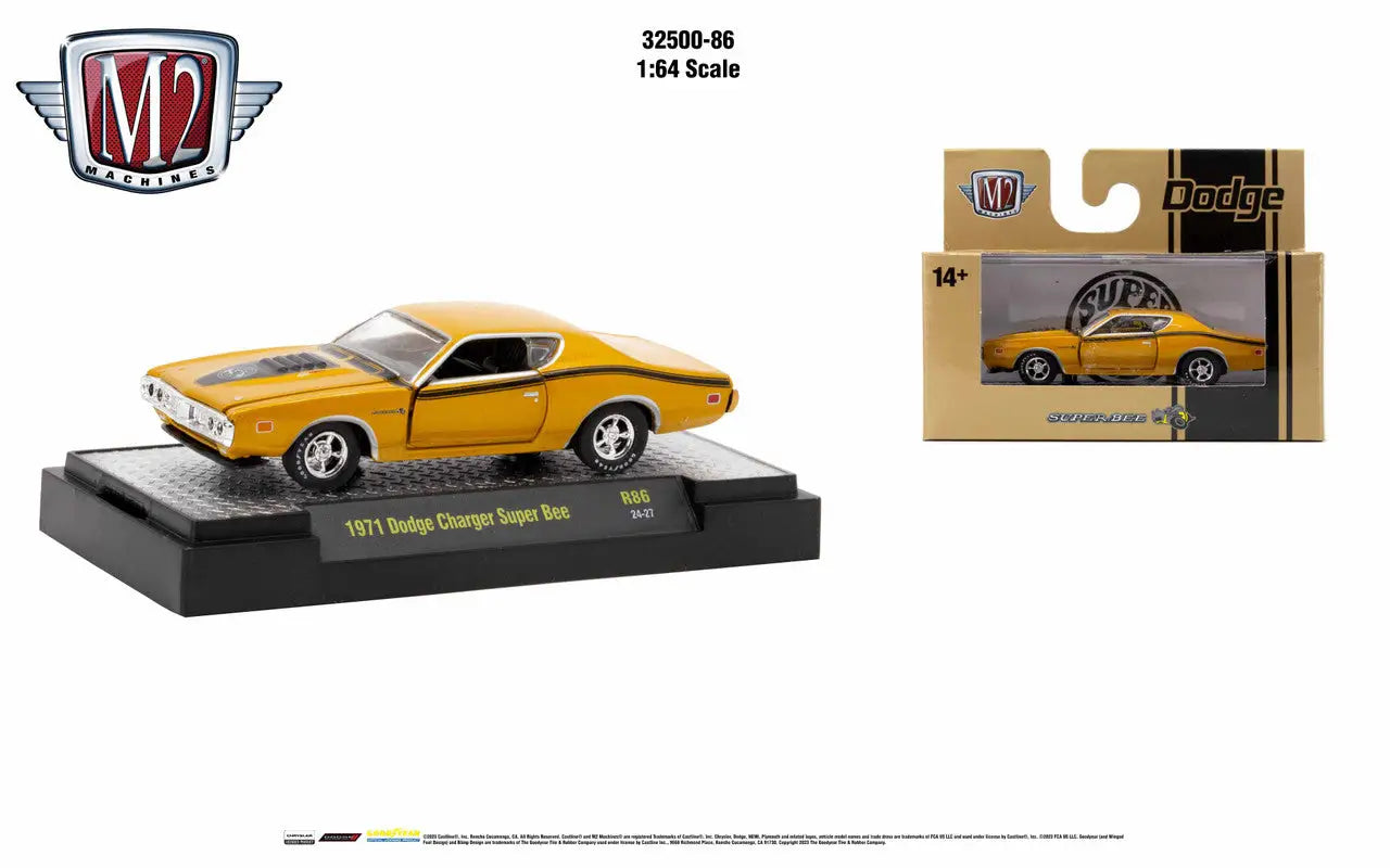 Yellow 1971 Dodge Charger Super Bee die-cast model car from M2 Machines Auto Trucks