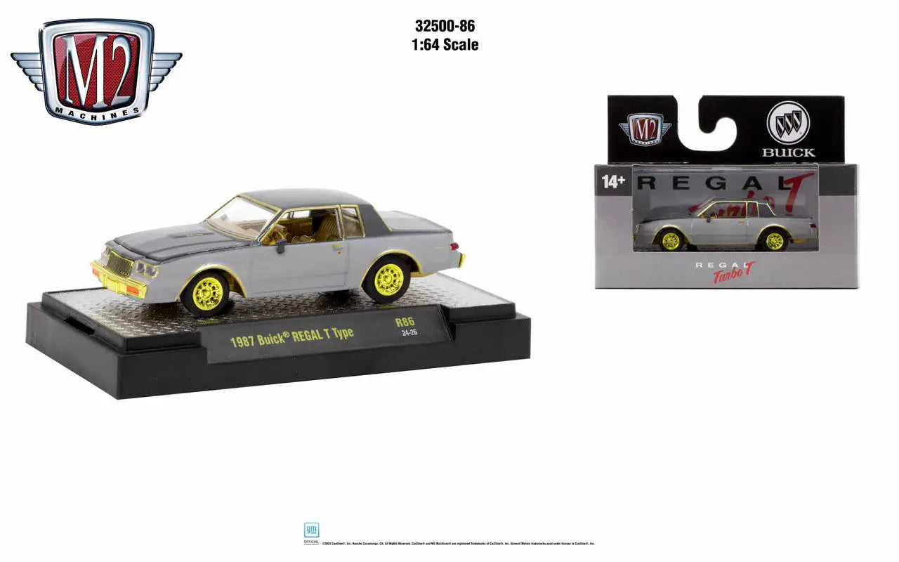 Die-cast model of a silver 1987 Buick Regal T-Type with yellow wheels by M2 Machines Auto Trucks