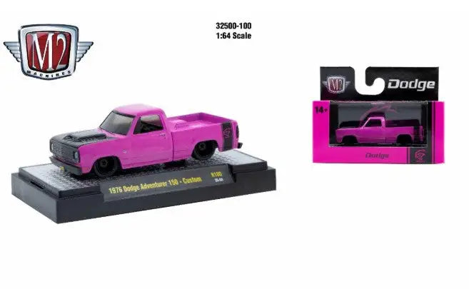 Pink toy Dodge pickup truck from M2 Machines Autothentics Rel 100 Dodge Adventurer