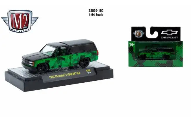 Green and black toy Chevrolet truck from M2 Machines AutoThentics Rel 100 series