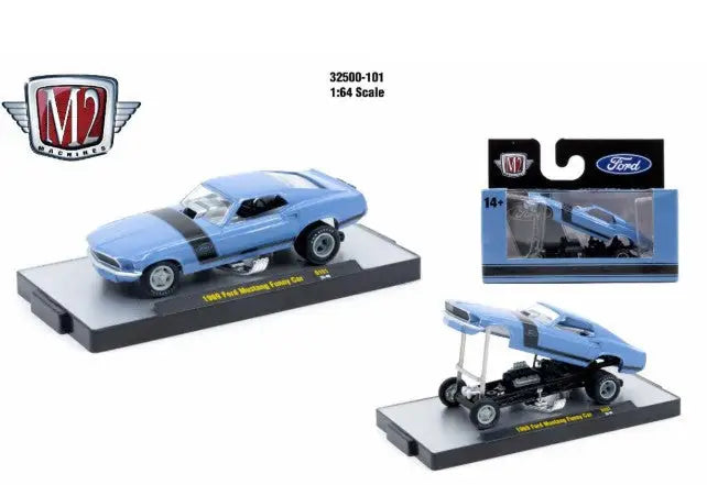Light blue 1969 Ford Mustang Funny Car model with black racing stripes from Machines Autothentics Rel