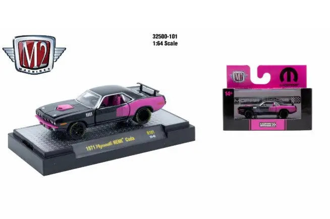 Black and pink 1971 Plymouth HEMI Cuda diecast model car from M2 Machines AutoThentics Rel