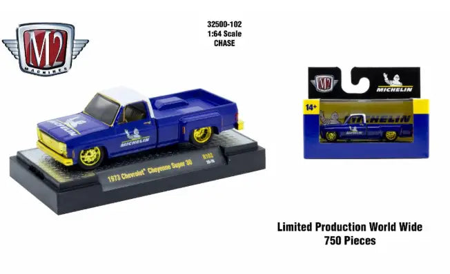 Blue and white 1973 Chevrolet Cheyenne Super 10 miniature truck by M2 Machines Autothentics Rel