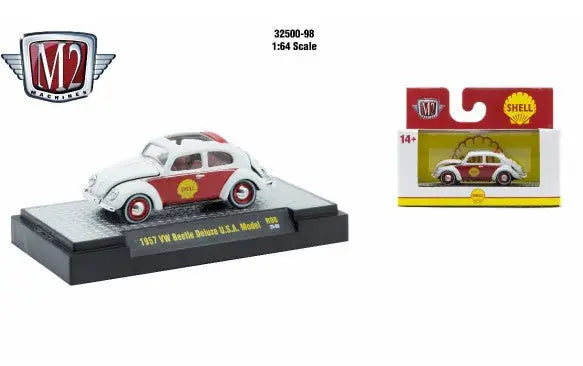 White and red toy Volkswagen Beetle from M2 Machines AutoThentics Rel 98 1:64 scale