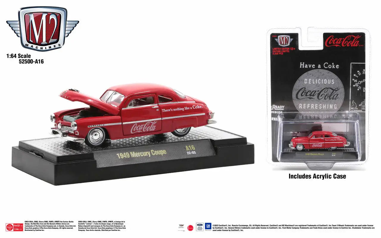 Red 1949 Mercury Coupe die-cast model car from M2 Machines Release A16 with packaging