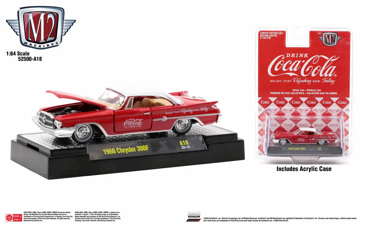 Red 1960 Chrysler 300F die-cast model car from M2 Machines Release A18 with Coca-Cola branding