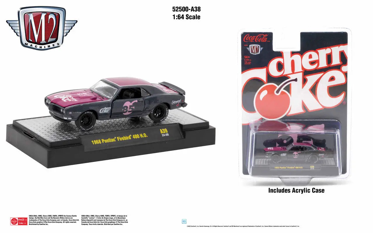 Purple-tinted Pontiac Firebird diecast model in display case from Release A39 Diet Coke series