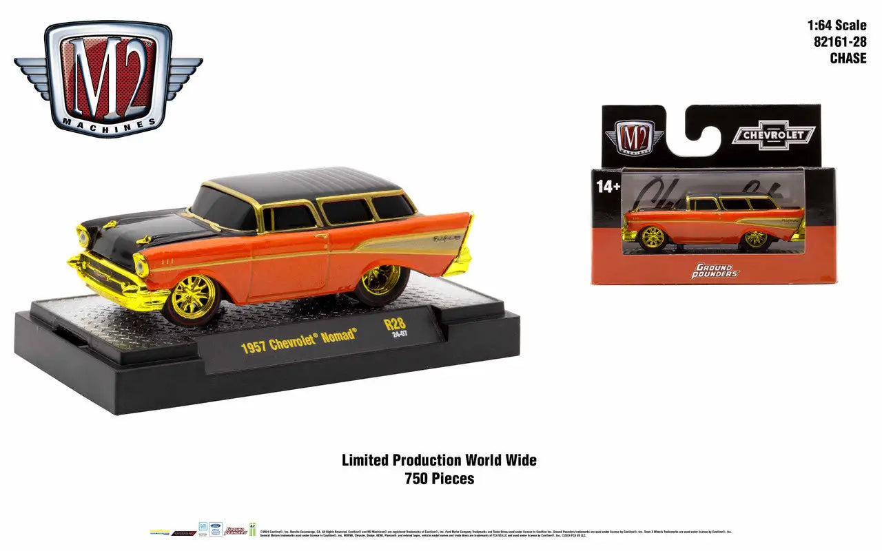 1957 Chevrolet Nomad in orange and black with yellow wheels from M2 Machines Ground Pounder