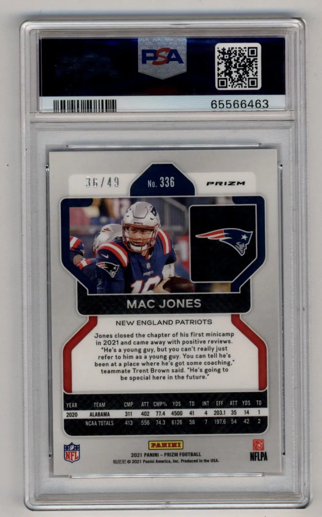 Mac Jones 2021 Panini Prizm Prizms Purple Power #336 36/49 PSA 9 Mint - Football Card Single