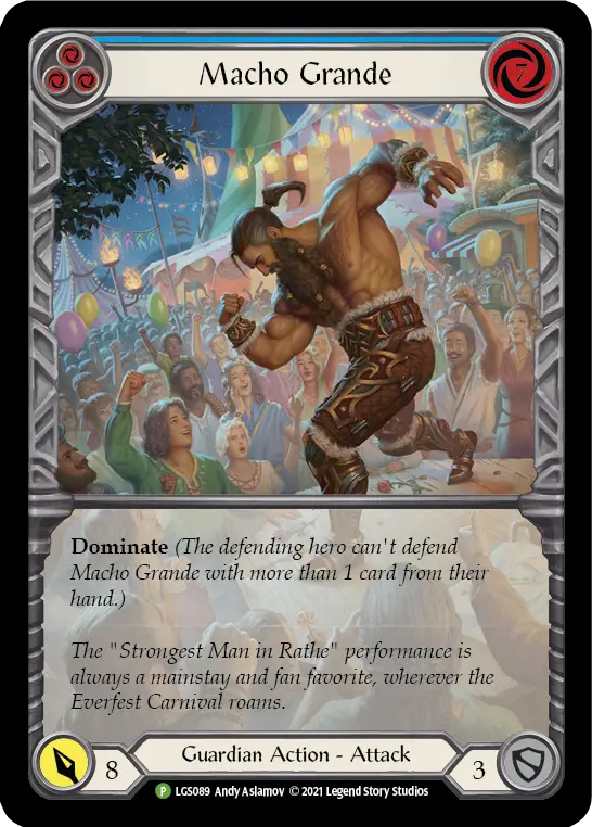 Macho Grande Blue trading card featuring a strongman in rainbow foil design