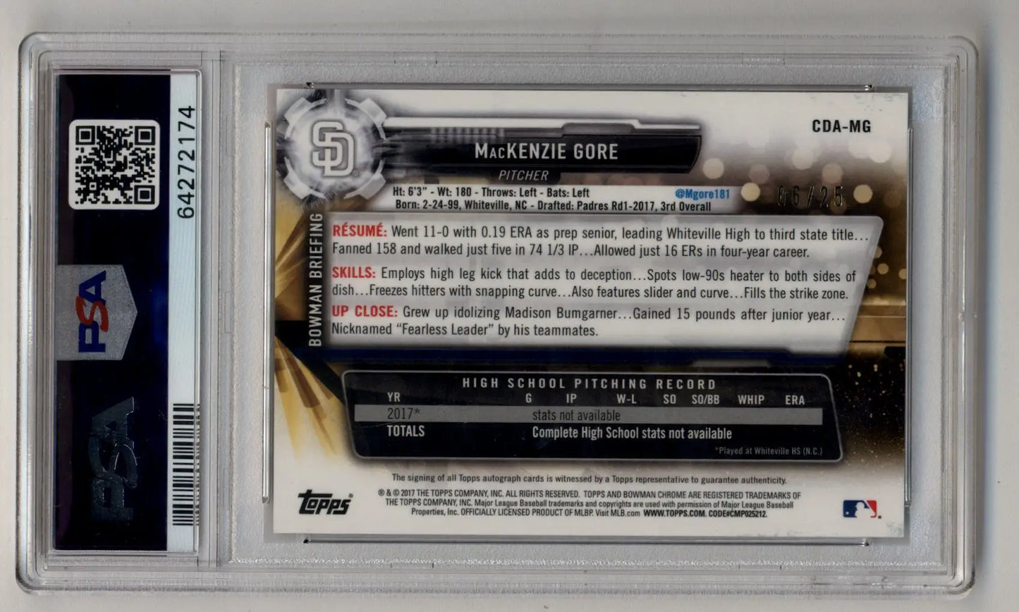 MacKenzie Gore 2017 Bowman Chrome Draft Picks Orange Refractor Auto 06/25 PSA 9 Mint - Baseball Card Single