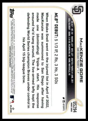MacKenzie Gore Rookie 2022 Topps Update #US294 San Diego Padres - Baseball Card Single