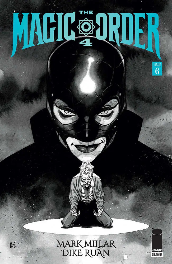 Magic Order #4 comic cover featuring a dark figure over a kneeling person in spotlight