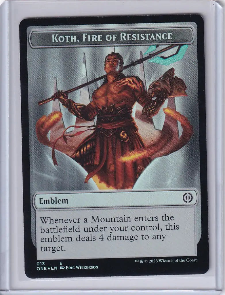 Muscular warrior with spear surrounded by flames in Magic Phyrexia Resistance Foil