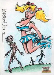 Framed humorous cheerleaders sketch card featuring Mandy Meets Zombies by Larry Welz