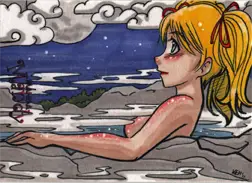 Cartoon illustration of a blonde girl in a hot spring from Kate Hayward’s sketch card