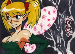 Cartoon-style fairy with pigtails in green dress and pink wings on Luke Smarto sketch card