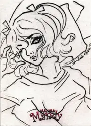 Stylized sketch of a woman’s face by Sherry Leak on a Manga Mandy 2011 sketch card