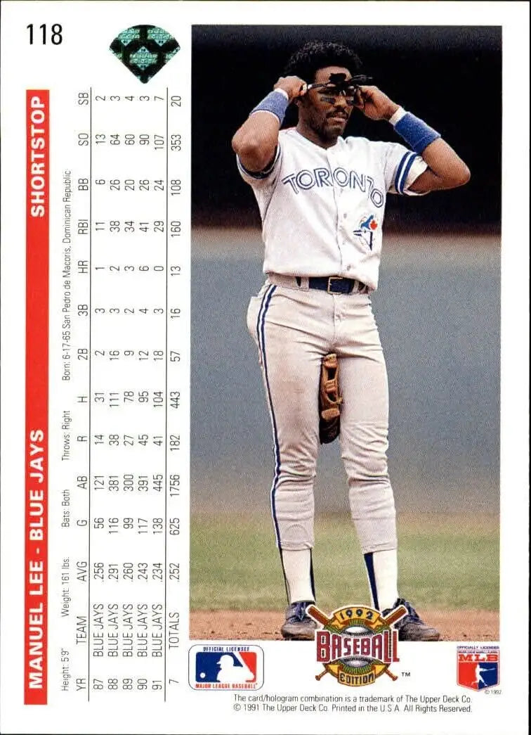 Manuel Lee 1992 Upper Deck MLB #118 Baseball Card Toronto Blue Jays