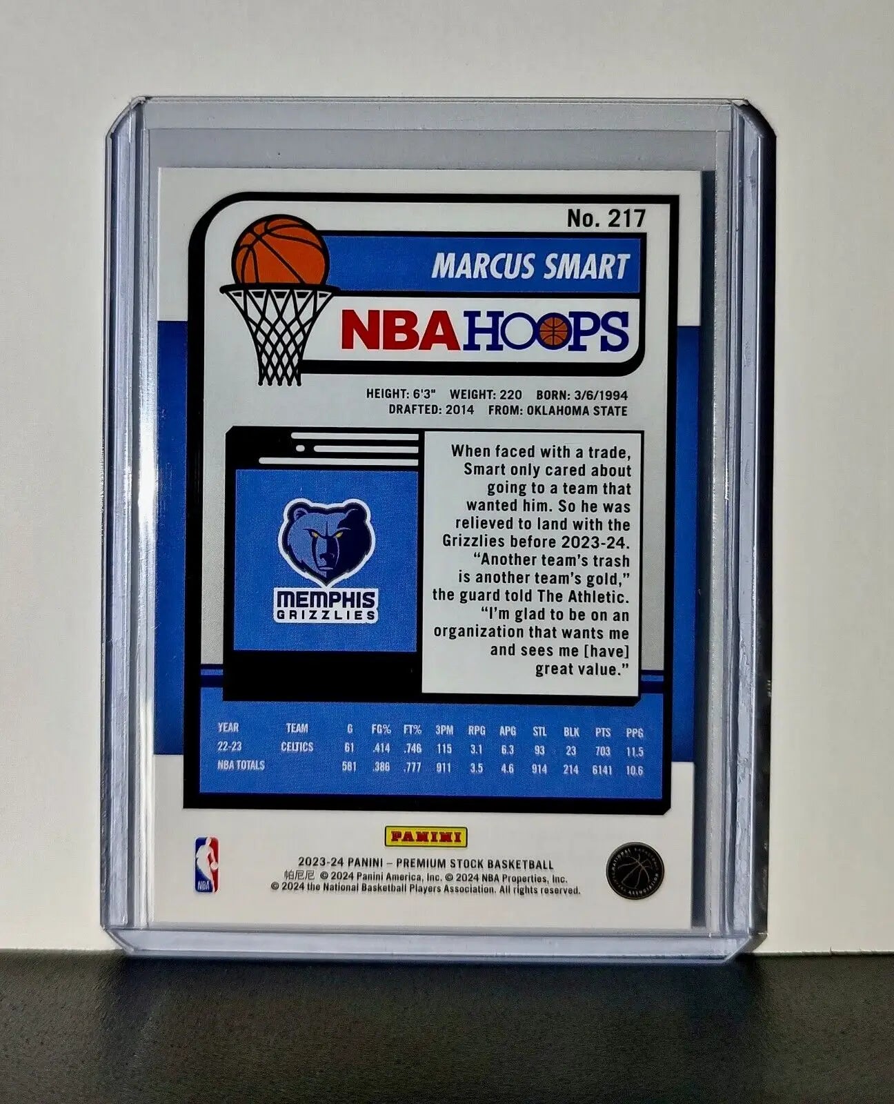 Marcus Smart 2023-24 Panini Premium Stock NBA Hoops #217 Card Memphis Grizzlies - Basketball Card Single