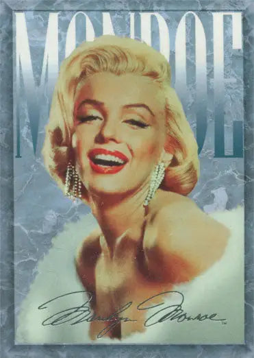 Portrait of smiling blonde woman in fur stole on Marilyn Monroe Series 1 Silver Signature Promo Card