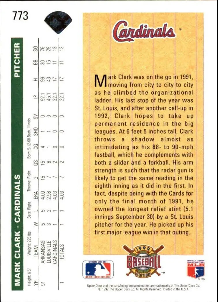 Mark Clark 1992 Upper Deck MLB #773 Rookie Baseball Card St. Louis Cardinals