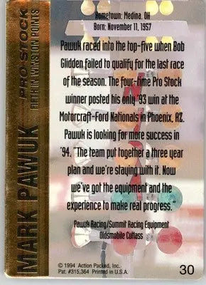 Mark Pawuk - 1994 Action Packed NHRA - #30 - Racing - Racing Card Single
