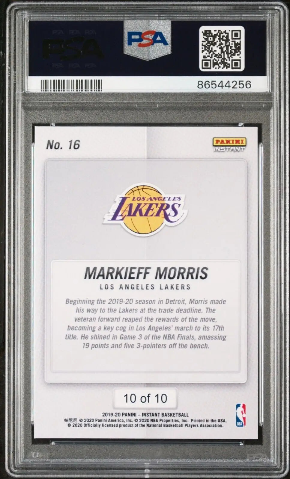 Markieff Morris 2020 Panini Lakers NBA Champions #16 Green Card 10/10 PSA 9 Mint - Basketball Card Single