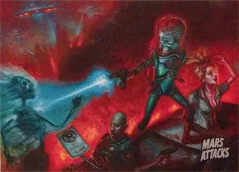 Retro-style science fiction movie poster for Mars Attacks trading cards featuring alien invasion