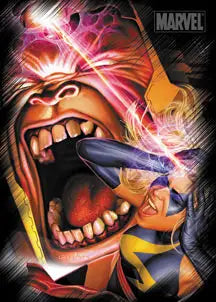 Gaping mouth with energy beams on Marvel Heroes & Villains promo card background