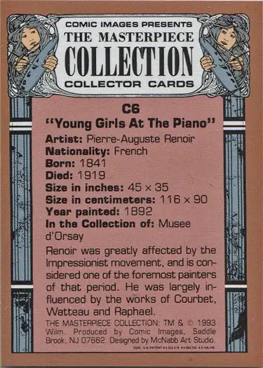 Collector card showcasing Pierre-Auguste Renoir’s Young Girls At The Piano masterpiece