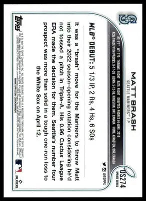 Matt Brash Rookie 2022 Topps Update #US274 Seattle Mariners - Baseball Card Single