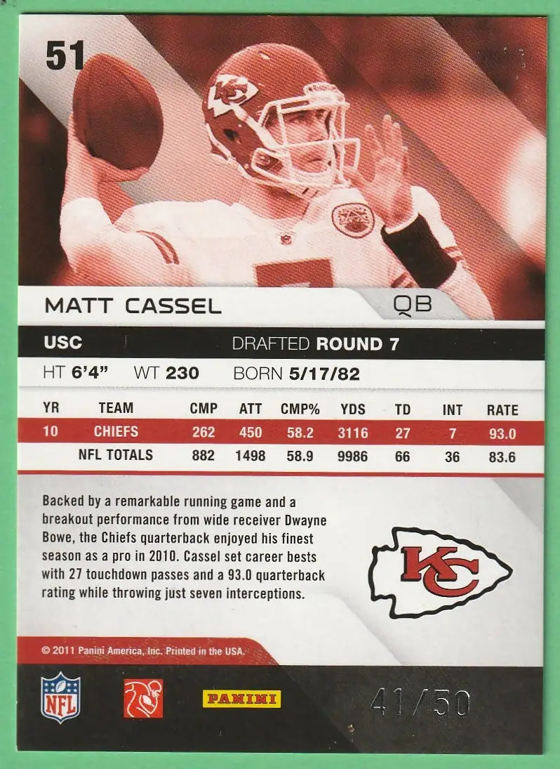 MATT CASSEL 2011 Absolute Memorabilia Spectrum Silver #51 Panini Chiefs Card /50 - Football Card Single