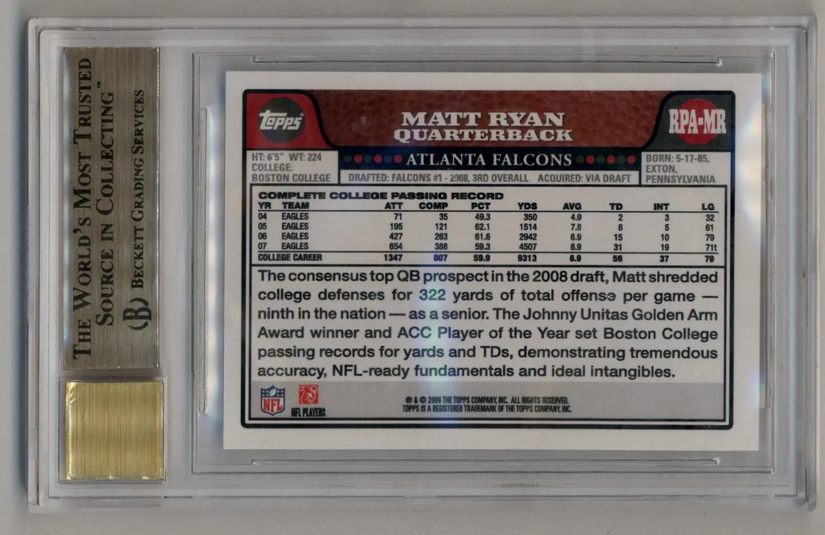 Matt Ryan 2008 Topps Rookie Premiere Auto BGS 9.5 Gem Mint - Football Card Single